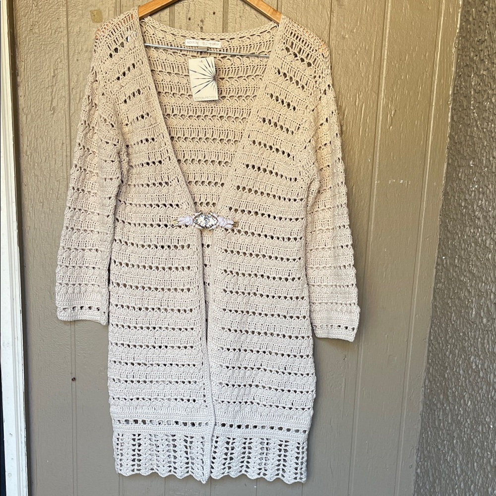 Boston Proper Open Stitch Jewel Cardi in tan size M